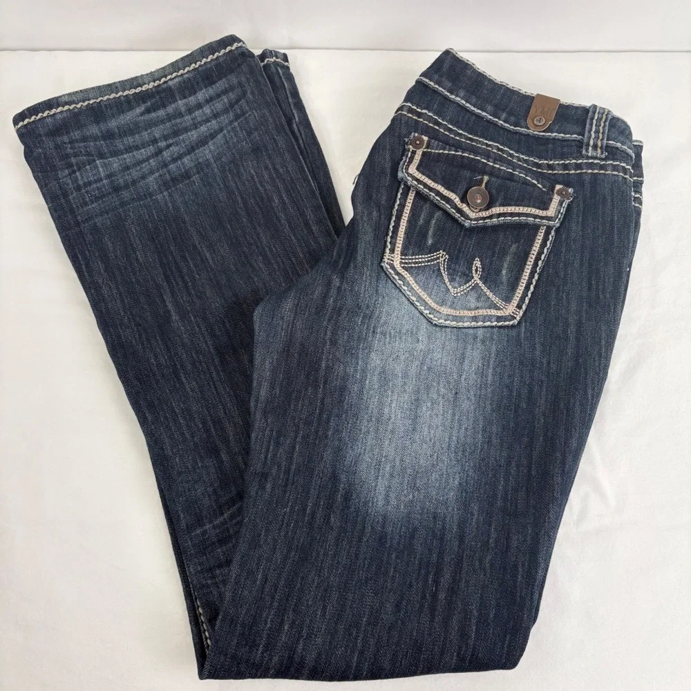 YMI Lowrise Bootcut Dark Wash Embellished Flap Pockets Jeans Y2K Size 11 (32x32)